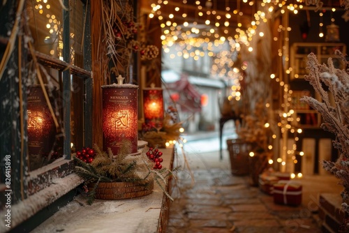 Cozy winter holiday atmosphere with lights and seasonal decorations in an outdoor setting  evoking warmth and celebration