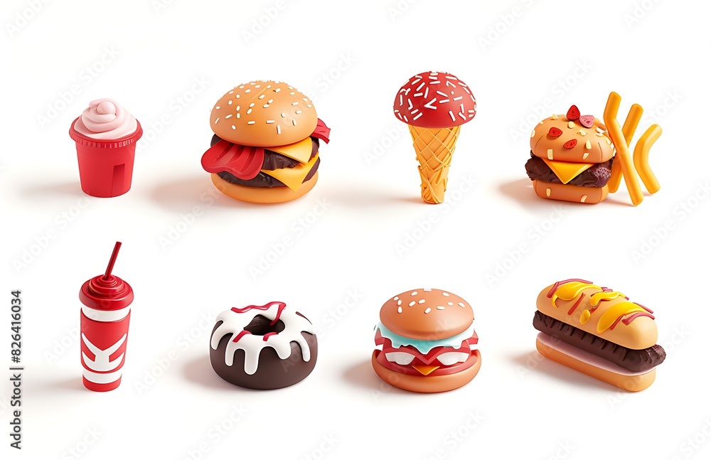 set of icons in the style of fast food on a white background in a 3d cartoon style set of icons in the style of fast food on a white background in a 3d cartoon style
