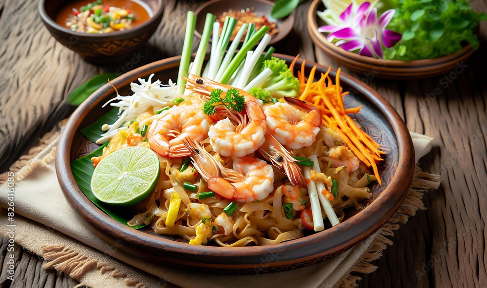 Delights Pad Thai, brimming with stir-fried rice noodles, succulent shrimp, scrambled eggs, and a medley of fresh vegetables. Delights Pad Thai, brimming with stir-fried rice noodles, succulent shrimp, scrambled eggs, and a medley of fresh vegetables.