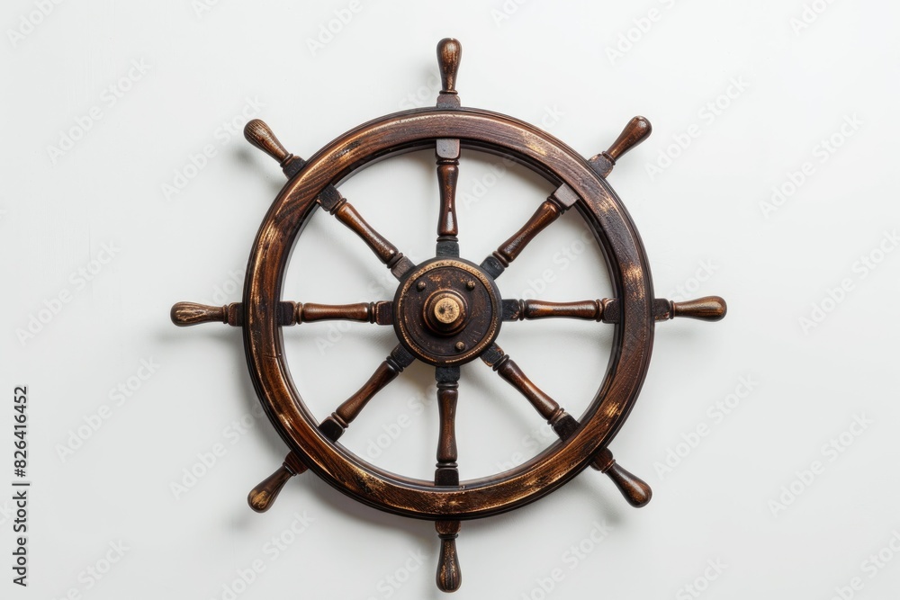Pirate ship wooden rudder, vintage ship wheel, white background.