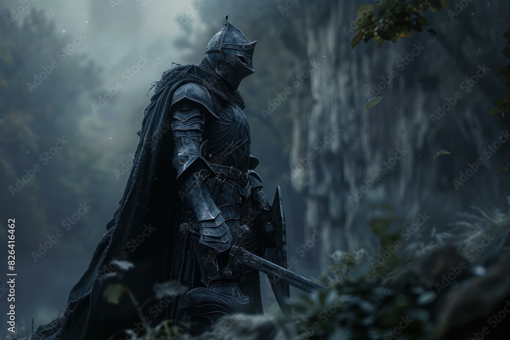 Enigmatic armored knight with sword standing in a fogladen mystical forest