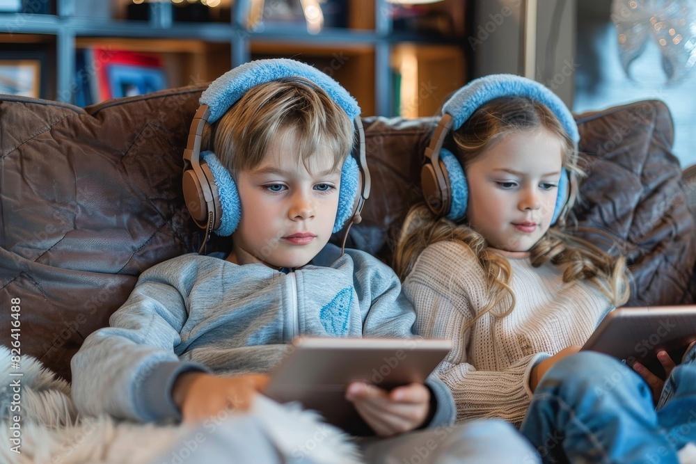 Two young children immersed in tablets while wearing headphones, sitting on a comfortable sofa Two young children immersed in tablets while wearing headphones, sitting on a comfortable sofa