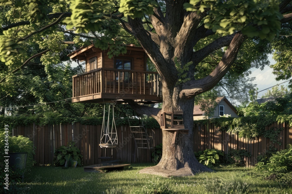 Tree house in the backyard, house in the background, concept of childhood, fun, child.