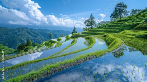 A rural Japanese landscape with rolling rice terraces cascading down a hillside, each terrace filled with water reflecting the blue sky.