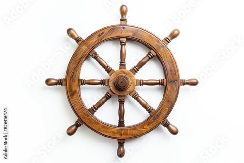 Pirate ship wooden rudder, vintage ship wheel, white background.