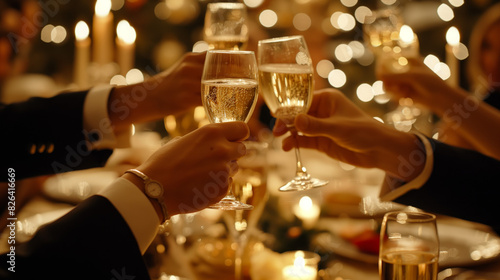 A close-knit group engaging in a champagne toast  with a beautifully lit background setting the mood