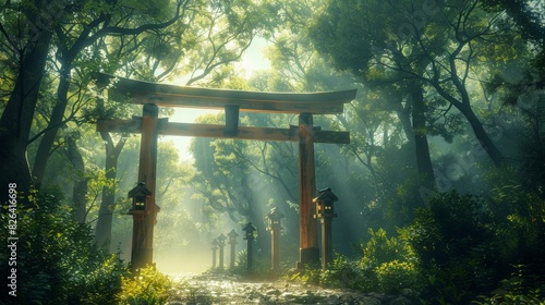 A Shinto shrine set within a forest, featuring the distinctive torii gate at the entrance, with sunlight filtering through the trees.