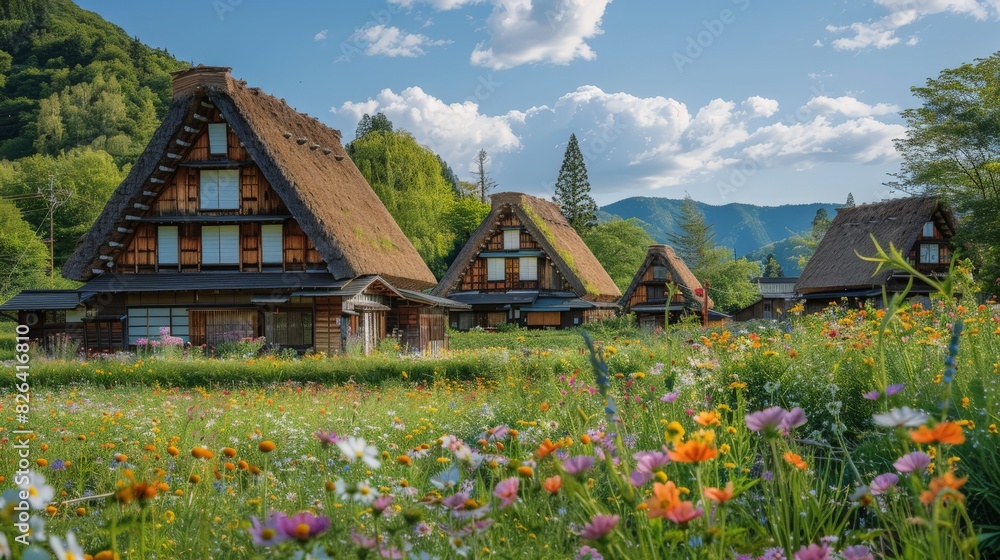 A peaceful Japanese countryside scene with traditional thatched-roof houses surrounded by fields of wildflowers under a clear blue sky. A peaceful Japanese countryside scene with traditional thatched-roof houses surrounded by fields of wildflowers under a clear blue sky.
