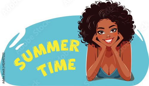 Cute black woman lying on the beach with a beautiful smile. Summer vibe. Isolated. Vector illustration in flat style