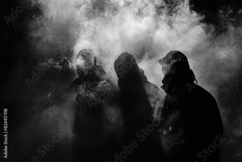 Silhouettes of three persons enveloped by swirling smoke create a dramatic and mysterious atmosphere