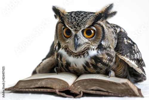 Wallpaper Mural A wise owl with striking orange eyes sits on an open book, symbolizing knowledge and wisdom on a white background. Torontodigital.ca