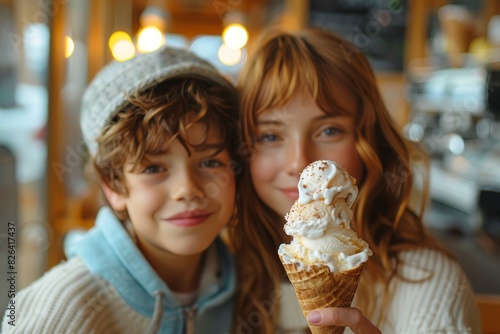 A cheerful boy and girl share a large ice cream cone in a cozy cafe setting with warm lighting