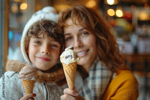 A loving mother and son indulge in ice cream cones during a cozy outing