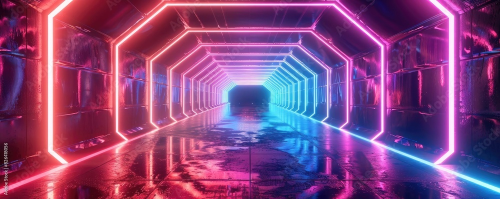 Futuristic neon-lit tunnel with vibrant pink and blue lights reflecting on the shiny floor, creating a mesmerizing sci-fi atmosphere. Futuristic neon-lit tunnel with vibrant pink and blue lights reflecting on the shiny floor, creating a mesmerizing sci-fi atmosphere.