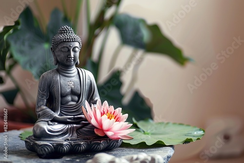 Buddha statue in meditation with lotus flower on light neutral background. Selective focus. Meditation  spiritual health  peace  searching zen concept