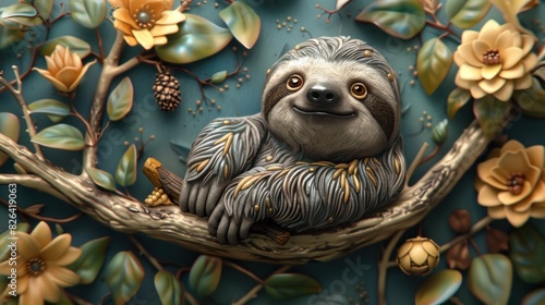 BaroqueInspired D Clay Rendering A Colorful and Intricate Sloth on a Branch photo
