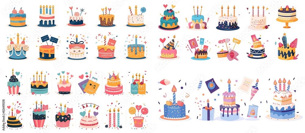 custom made wallpaper toronto digitalSet of vector illustrations in flat style on white background with cake, candles and happy birthday cards