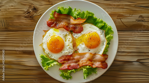 Fried chicken eggs and bacon beautifully presented. Perfect for promoting wholesome, healthy eating with essential vitamins and minerals. photo