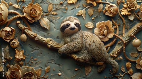 Stylish Sloth A BaroqueInspired D Clay Painting Featuring a Whimsical ChildFriendly Design photo
