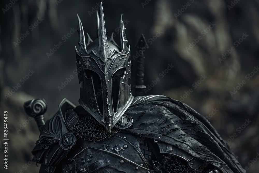 Mysterious knight clad in intricate black armor stands with an ominous ambiance Mysterious knight clad in intricate black armor stands with an ominous ambiance