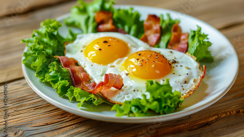 Fried chicken eggs and bacon beautifully presented. Perfect for promoting wholesome, healthy eating with essential vitamins and minerals.