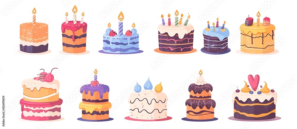 Naklejka premium Set of vector illustrations with birthday cakes isolated on white background, flat design illustration, vector style