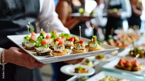 Waiter serving finger food dessert on the tray during a cocktail parties or events catering