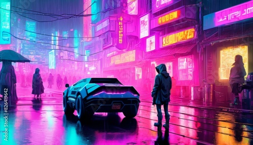A vibrant cyberpunk cityscape under the rain, featuring a futuristic car and colorful neon advertisements.. AI Generation © Anastasiia