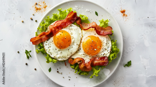 Fried chicken eggs and bacon beautifully presented. Perfect for promoting wholesome, healthy eating with essential vitamins and minerals. photo