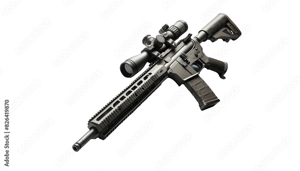 Sniper rifle gun  isolated on a white background. The rifle features a long, precision barrel, a high-powered scope, a sturdy stock, and detailed mechanica