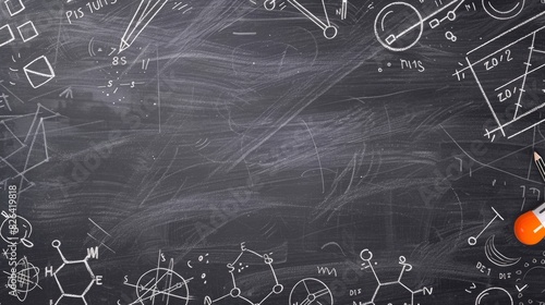 School board with chalk drawing math and chemical formulas, AI generated