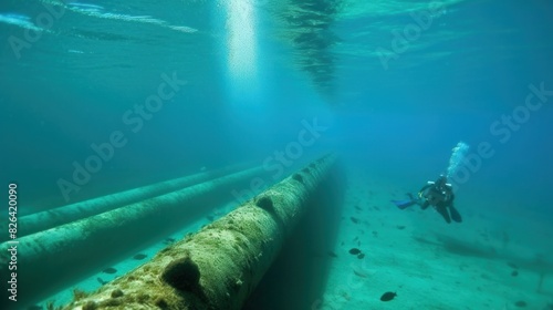 Serene underwater scene with a scuba diver exploring a large pipeline