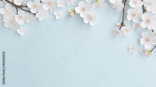 Paper cut flowers and leaves, Fresh spring nature background. Floral banner, poster, flyer template with copy space.