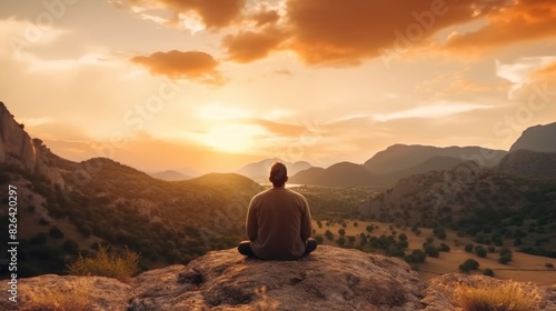 A tranquil scene of a person meditating on a mountain top, overlooking a valley under the warm glow of the sunset