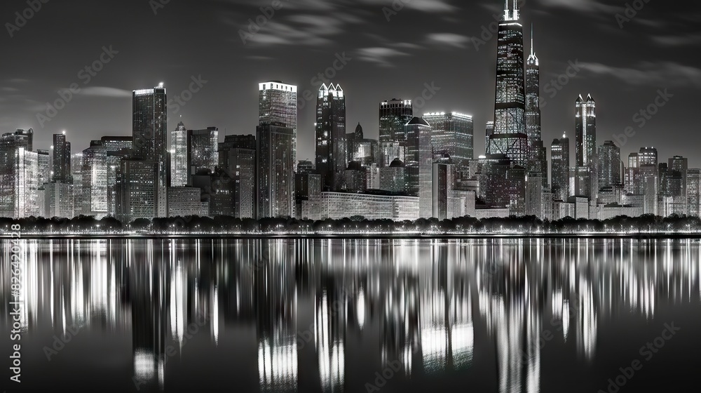 Fototapeta premium A striking black and white city skyline reflecting on water symbolizing urban life