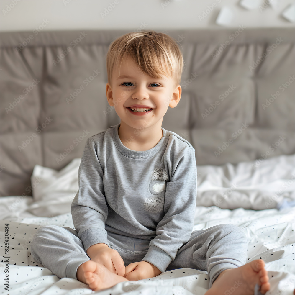 A sweet 3 year old boy in pajamas sitting on bed after a nap, radiating happiness and contentment. A sweet 3 year old boy in pajamas sitting on bed after a nap, radiating happiness and contentment.
