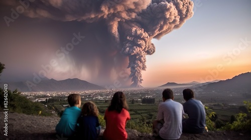 A group of people watches a massive volcanic eruption unfold during twilight, showcasing the power of nature photo