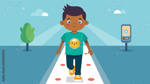 As a child walks down the runway their tshirt comes to life with interactive games that can be played with a mobile device.. Vector illustration