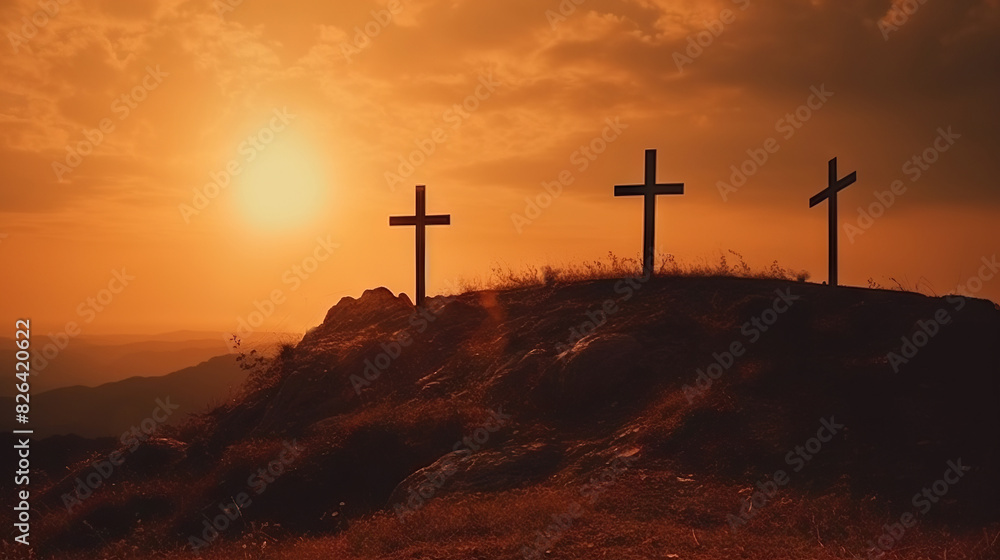 The image depicts three crosses silhouetted against a vibrant sunset sky on a hill, offering a contemplative scene