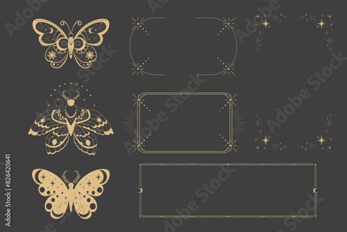Magic sacred decoration cover, esoteric thin line frames, tattoo gold line border celelstial mystery esoteric decoration with moth or butterfly, sun, stars and moon on dark background.