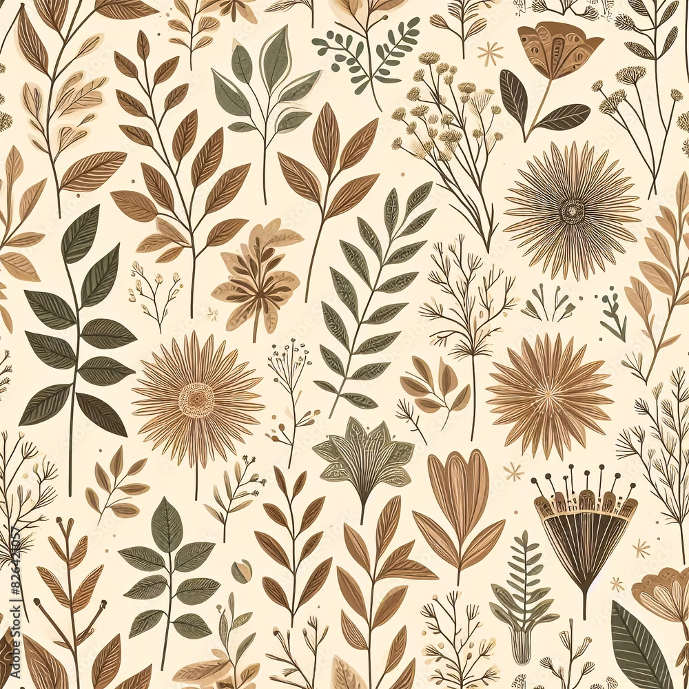 Seamless Hand-Drawn Botanical Pattern with Flowers and Leaves in Earthy Tones on Beige Background