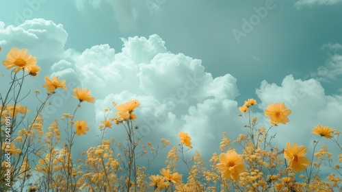 Cloudy sky backdrop with yellow flowers