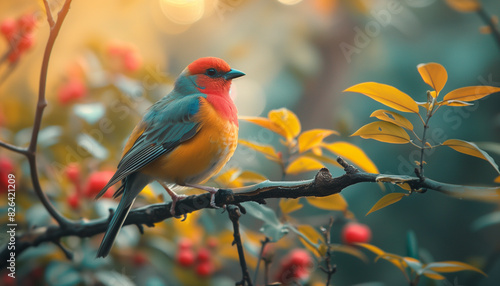 Exquisite songbird with radiant plumage perches tranquilly on a branch amidst autumnal foliage, bathed in the soft, golden glow of a serene sunset, evoking a sense of peace and natural beauty photo