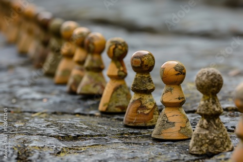 Weathered wooden pawn-like pieces arranged in a line on a wet stone surface, indicating strategy or competition