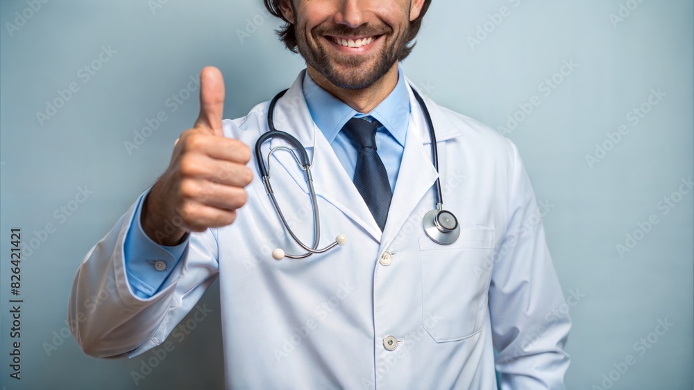 Thumbs Up Doctor: Medical professional in a lab coat giving a thumbs up, symbolizing good health.
Thumbs Up Doctor: Medical professional in a lab coat giving a thumbs up, symbolizing good health.