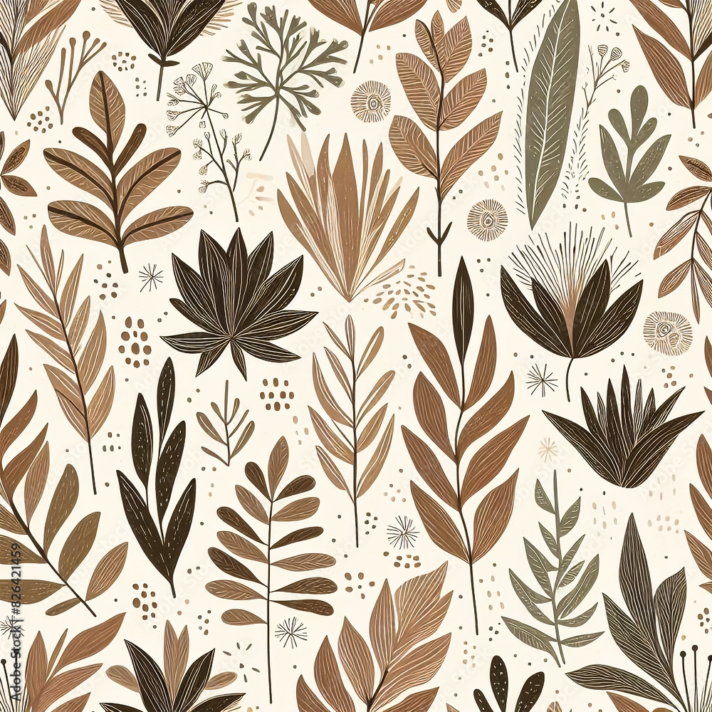 Seamless Hand-Drawn Botanical Pattern with Flowers and Leaves in Earthy Tones on Beige Background Seamless Hand-Drawn Botanical Pattern with Flowers and Leaves in Earthy Tones on Beige Background