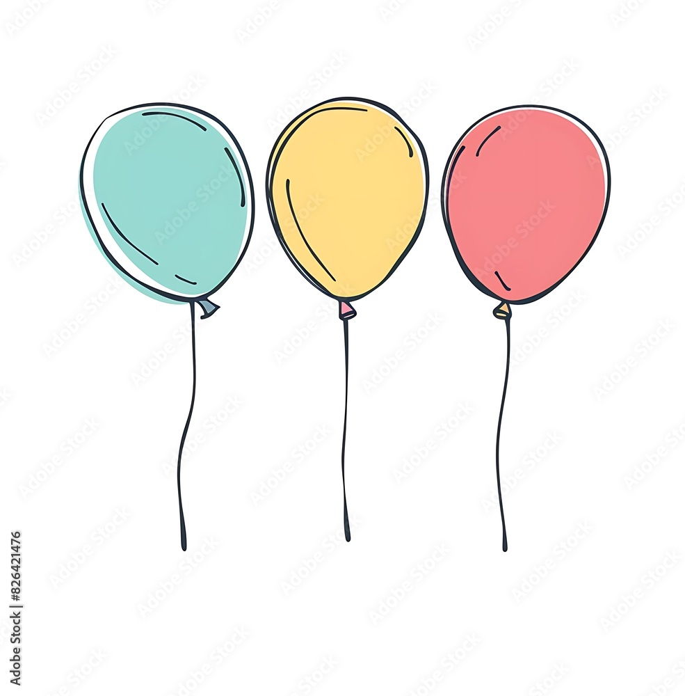 simple flat color vector illustration of four balloons on white background, clip art style, simple design, colorful, cute