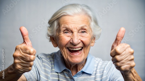 Thumbs Up Senior: Elderly person with a joyful expression giving a thumbs up, showing approval. 