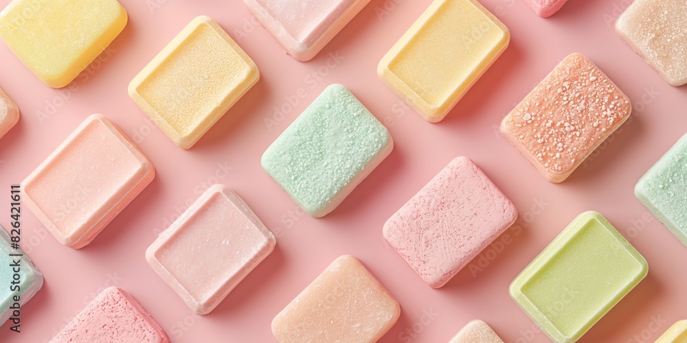 An image with a top view of pastel-colored square mochi treats arranged on a pink background An image with a top view of pastel-colored square mochi treats arranged on a pink background