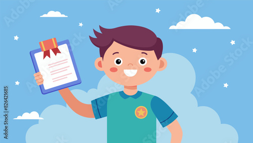 A young boy proudly displays his certificate for successfully memorizing an entire book of the Bible during the memory contest.. Vector illustration